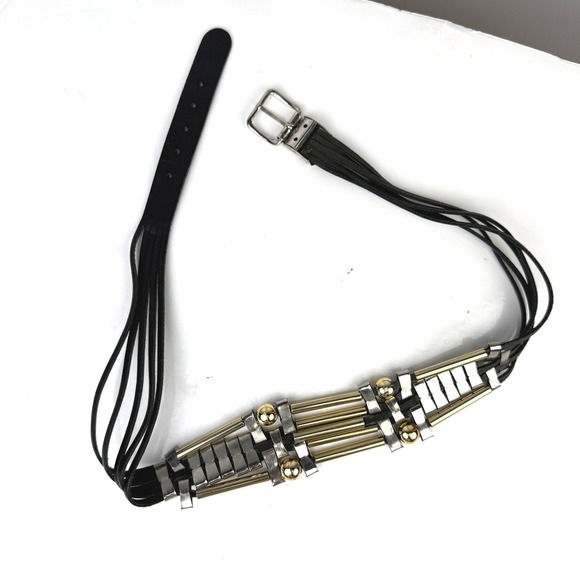 Vintage Mixed Metal Statement Belt Black Leather Gold Silver Sunburst Geometric - Picture 6 of 10